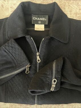 CHANEL Black Quilted Sleeve Zip-Up Bomber Jacket